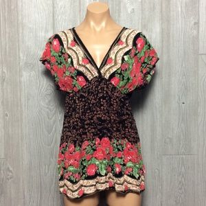 Angie V-Neck Floral Top - Red and Black